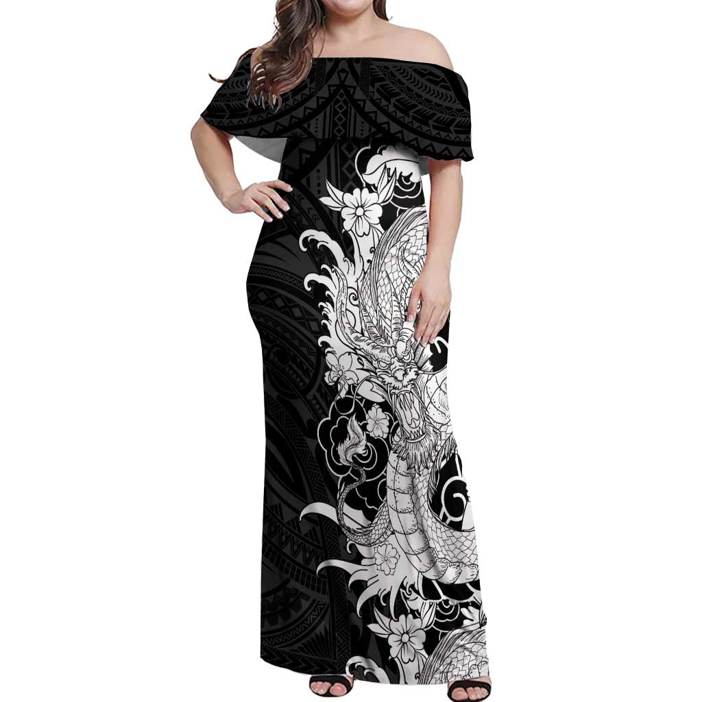 Hawaiian And Japanese Culture Off Shoulder Maxi Dress Irezumi Dragon With Polynesian Pattern Black - Polynesian Pride