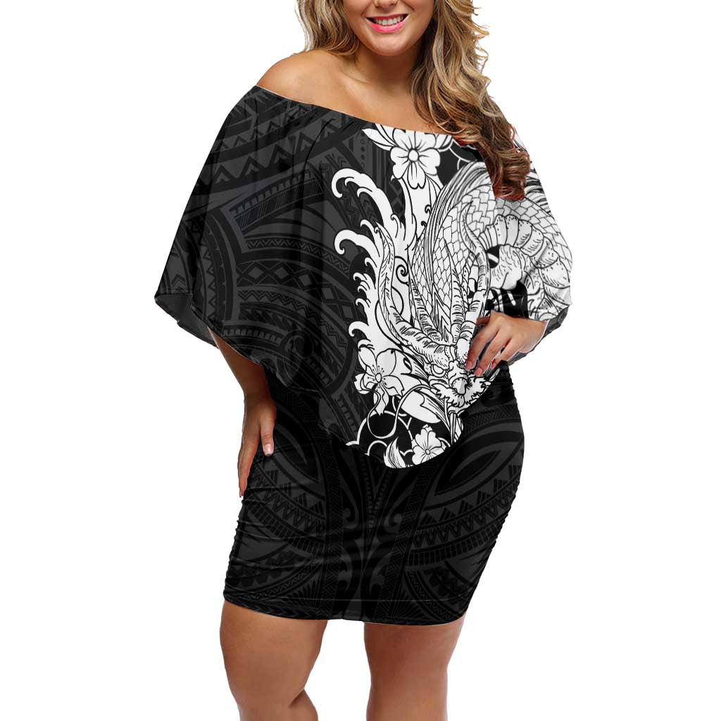Hawaiian And Japanese Culture Off Shoulder Short Dress Irezumi Dragon With Polynesian Pattern Black - Polynesian Pride