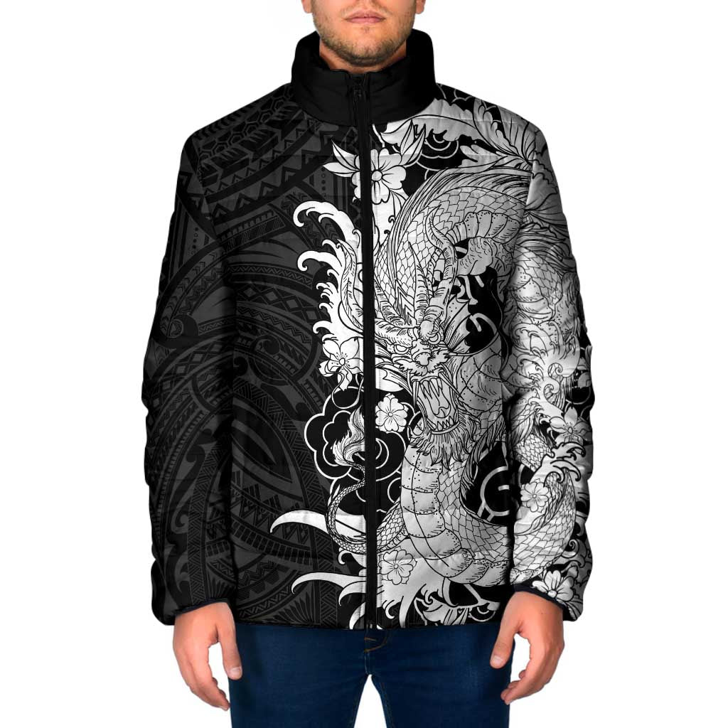 Hawaiian And Japanese Culture Padded Jacket Irezumi Dragon With Polynesian Pattern Black - Polynesian Pride