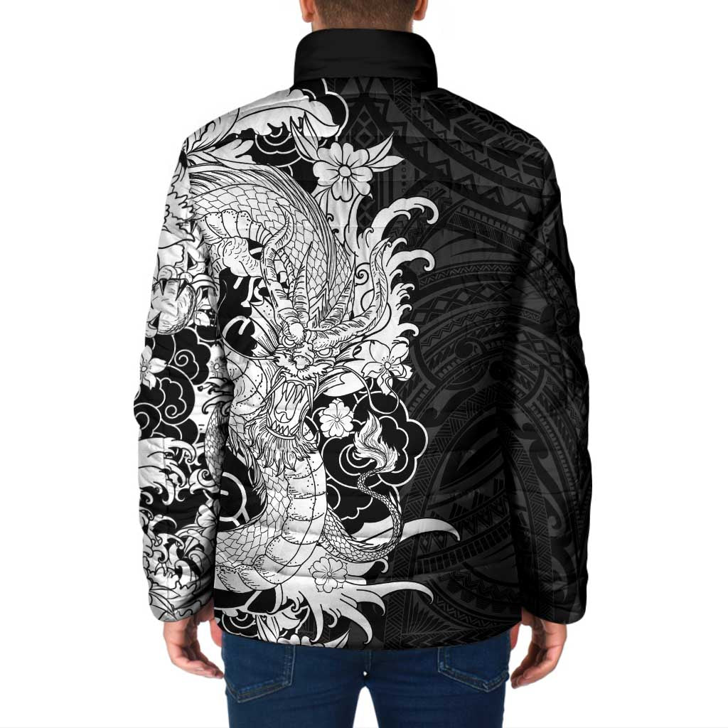 Hawaiian And Japanese Culture Padded Jacket Irezumi Dragon With Polynesian Pattern Black - Polynesian Pride