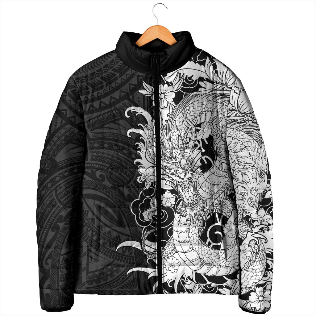 Hawaiian And Japanese Culture Padded Jacket Irezumi Dragon With Polynesian Pattern Black - Polynesian Pride