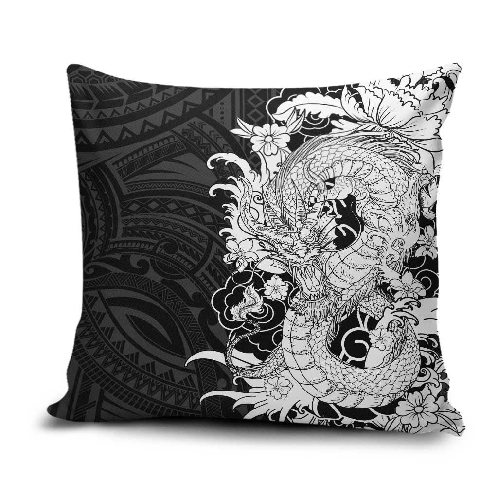 Hawaiian And Japanese Culture Pillow Cover Irezumi Dragon With Polynesian Pattern Black - Polynesian Pride