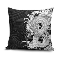 Hawaiian And Japanese Culture Pillow Cover Irezumi Dragon With Polynesian Pattern Black - Polynesian Pride