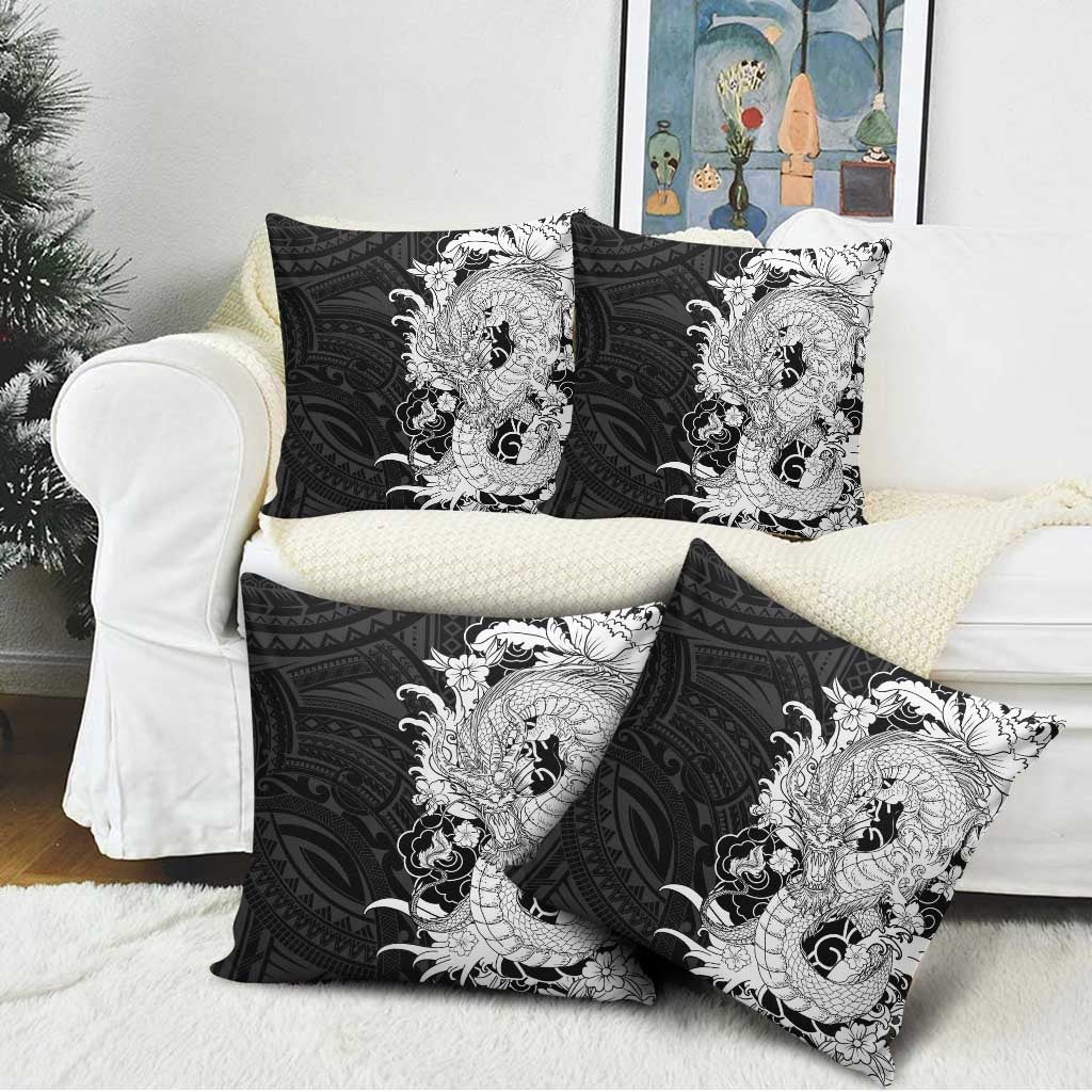 Hawaiian And Japanese Culture Pillow Cover Irezumi Dragon With Polynesian Pattern Black - Polynesian Pride
