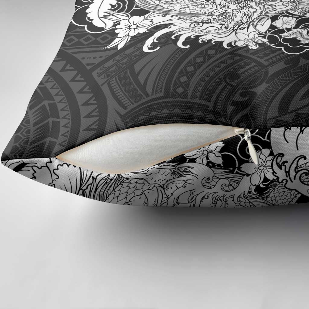Hawaiian And Japanese Culture Pillow Cover Irezumi Dragon With Polynesian Pattern Black - Polynesian Pride