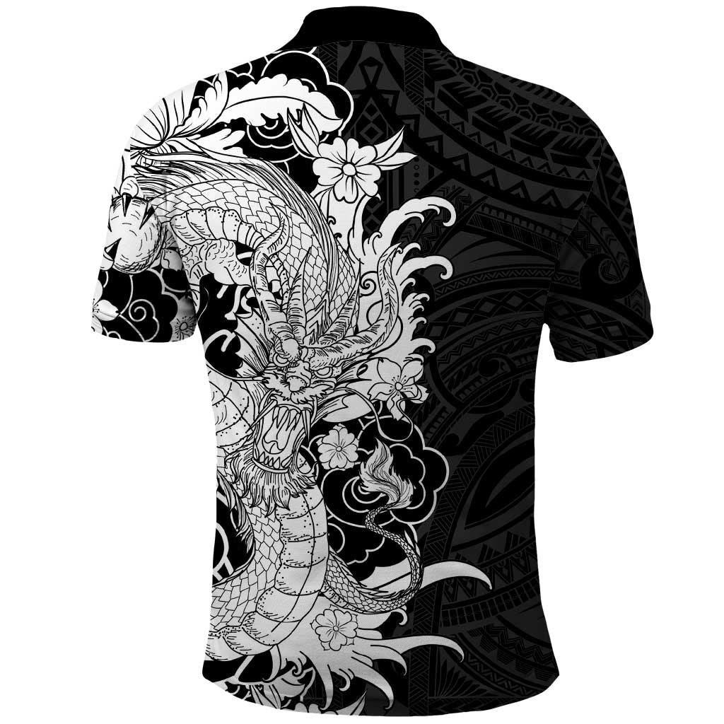 Hawaiian And Japanese Culture Polo Shirt Irezumi Dragon With Polynesian Pattern Black - Polynesian Pride