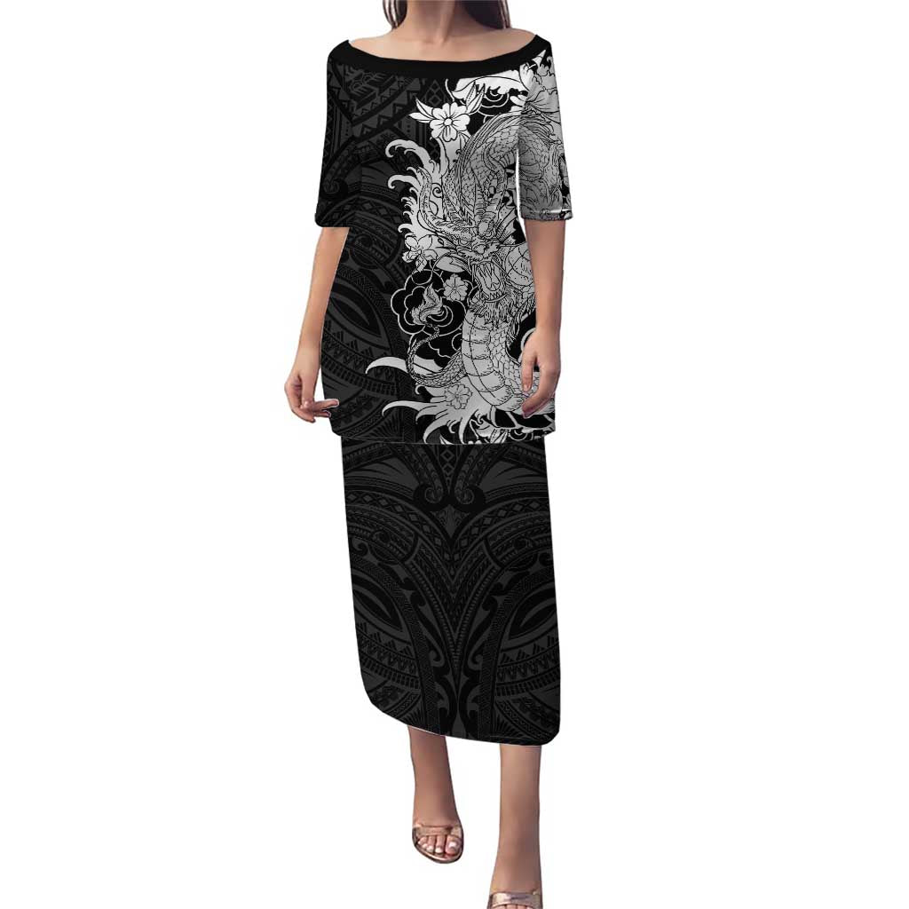 Hawaiian And Japanese Culture Puletasi Irezumi Dragon With Polynesian Pattern Black - Polynesian Pride