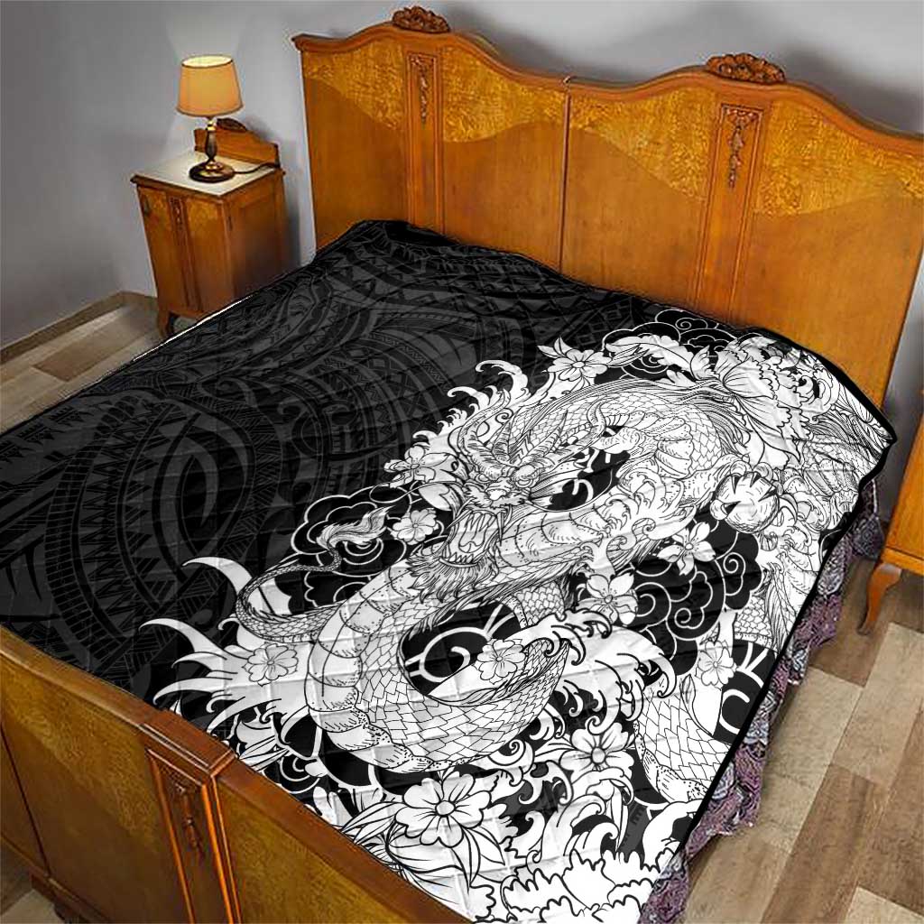Hawaiian And Japanese Culture Quilt Irezumi Dragon With Polynesian Pattern Black - Polynesian Pride