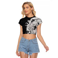 Hawaiian And Japanese Culture Raglan Cropped T Shirt Irezumi Dragon With Polynesian Pattern Black - Polynesian Pride