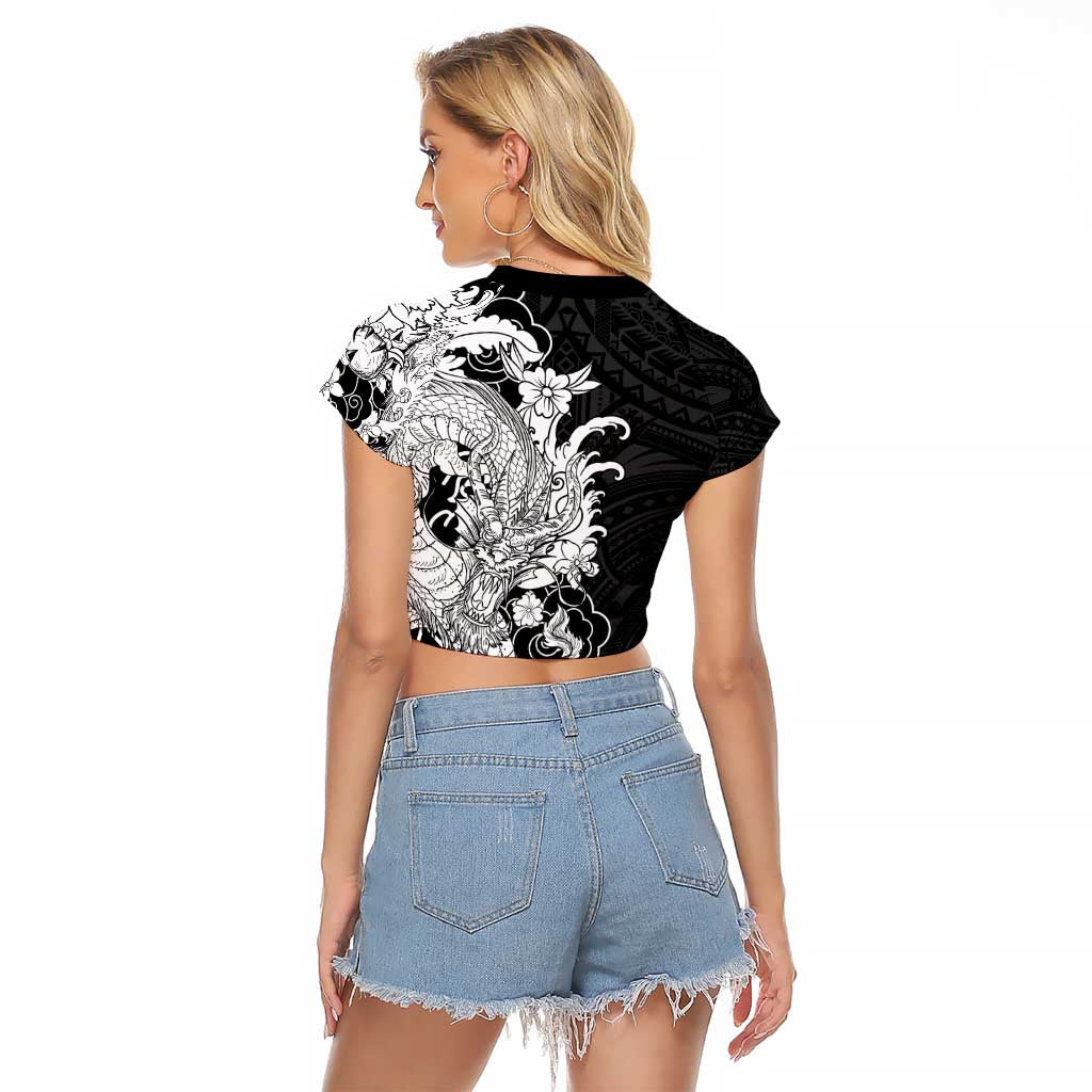 Hawaiian And Japanese Culture Raglan Cropped T Shirt Irezumi Dragon With Polynesian Pattern Black - Polynesian Pride