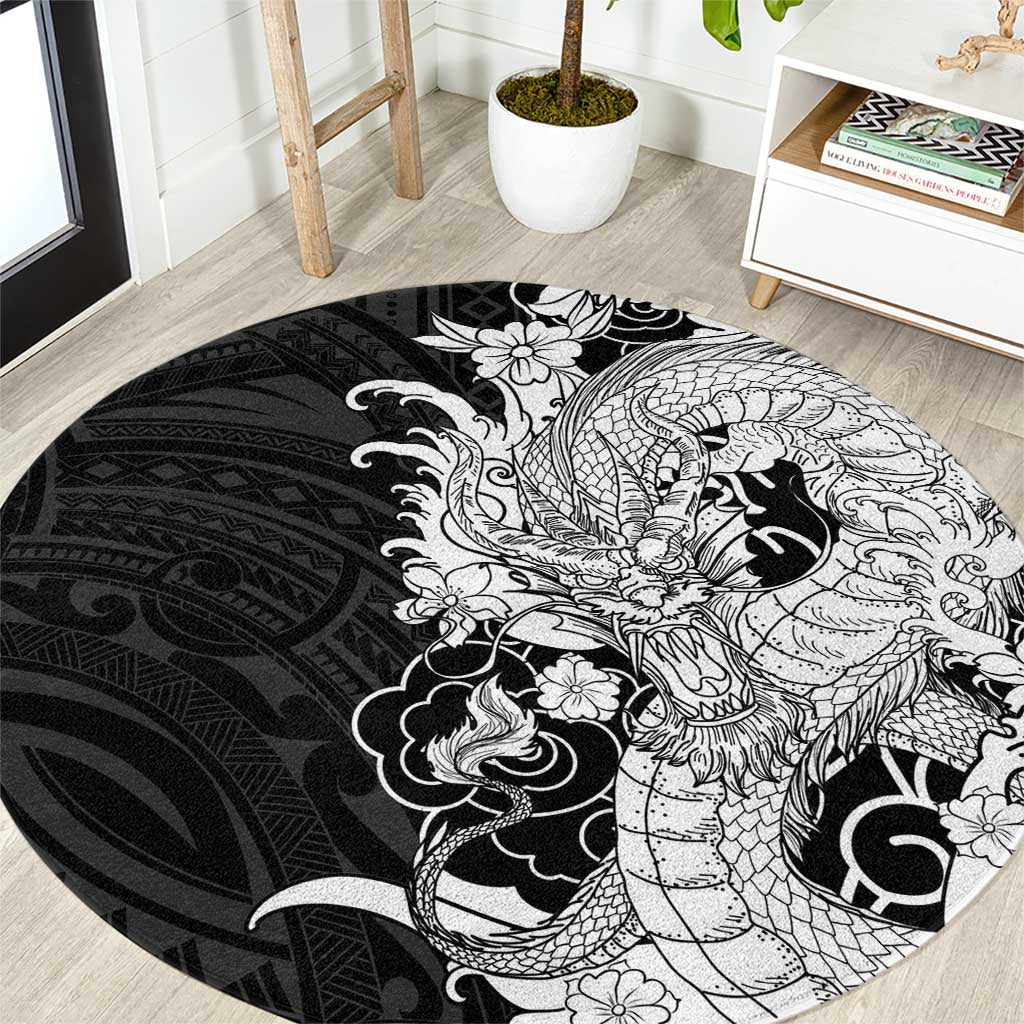 Hawaiian And Japanese Culture Round Carpet Irezumi Dragon With Polynesian Pattern Black - Polynesian Pride