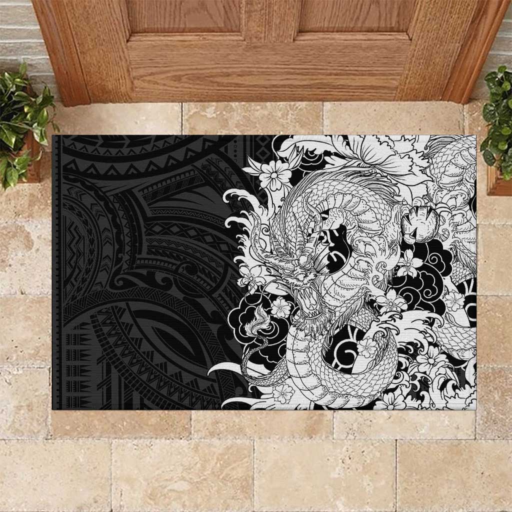 Hawaiian And Japanese Culture Rubber Doormat Irezumi Dragon With Polynesian Pattern Black - Polynesian Pride