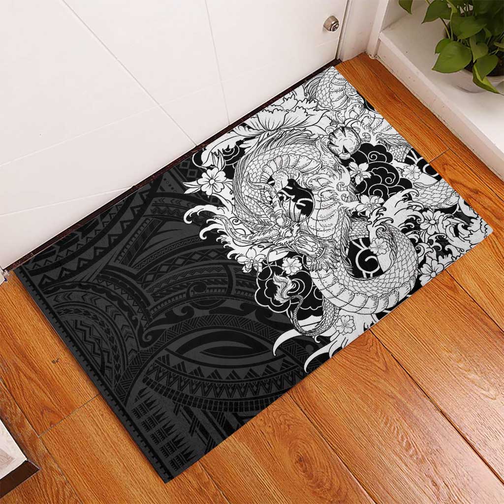 Hawaiian And Japanese Culture Rubber Doormat Irezumi Dragon With Polynesian Pattern Black - Polynesian Pride