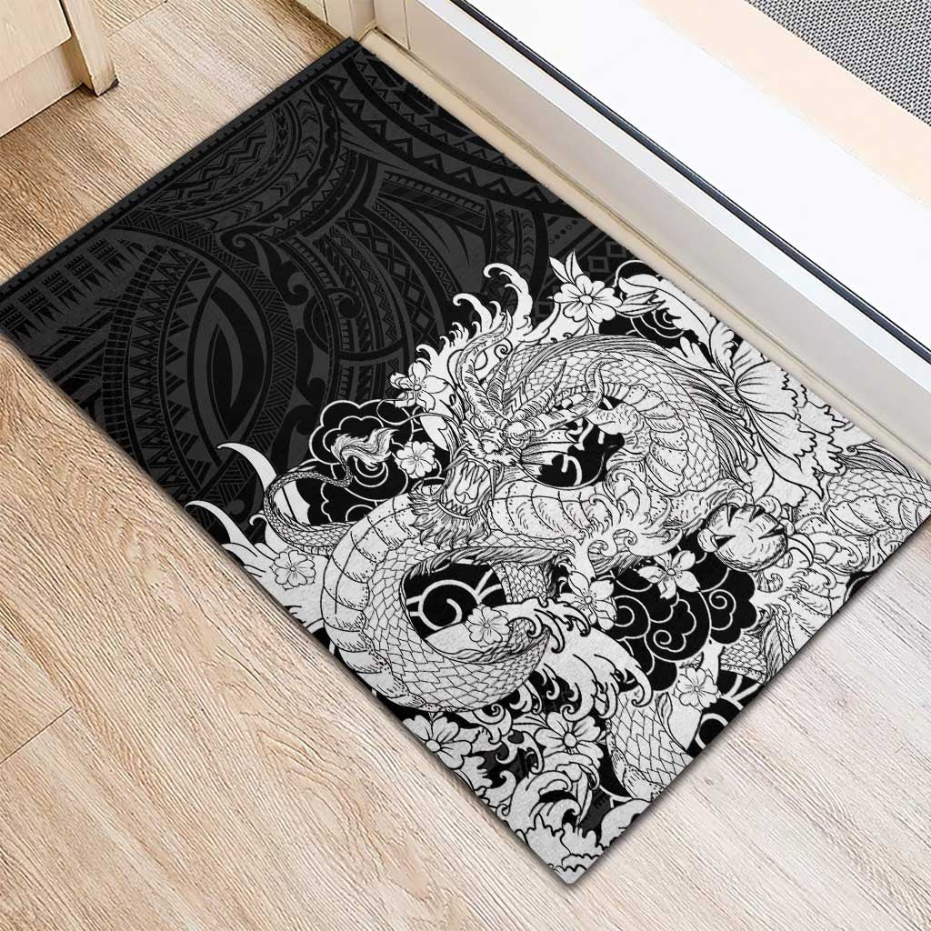 Hawaiian And Japanese Culture Rubber Doormat Irezumi Dragon With Polynesian Pattern Black - Polynesian Pride