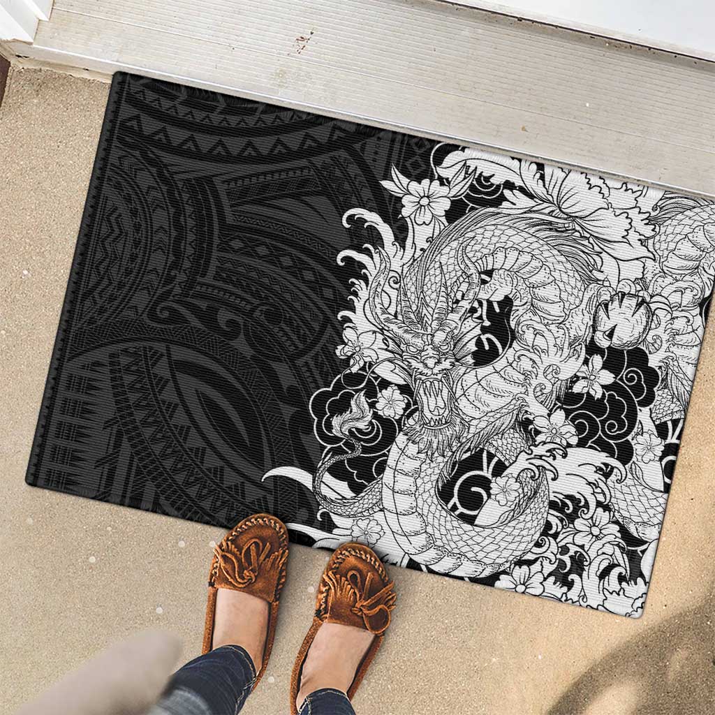 Hawaiian And Japanese Culture Rubber Doormat Irezumi Dragon With Polynesian Pattern Black - Polynesian Pride