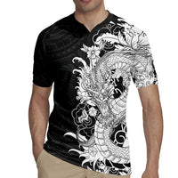 Hawaiian And Japanese Culture Rugby Jersey Irezumi Dragon With Polynesian Pattern Black - Polynesian Pride