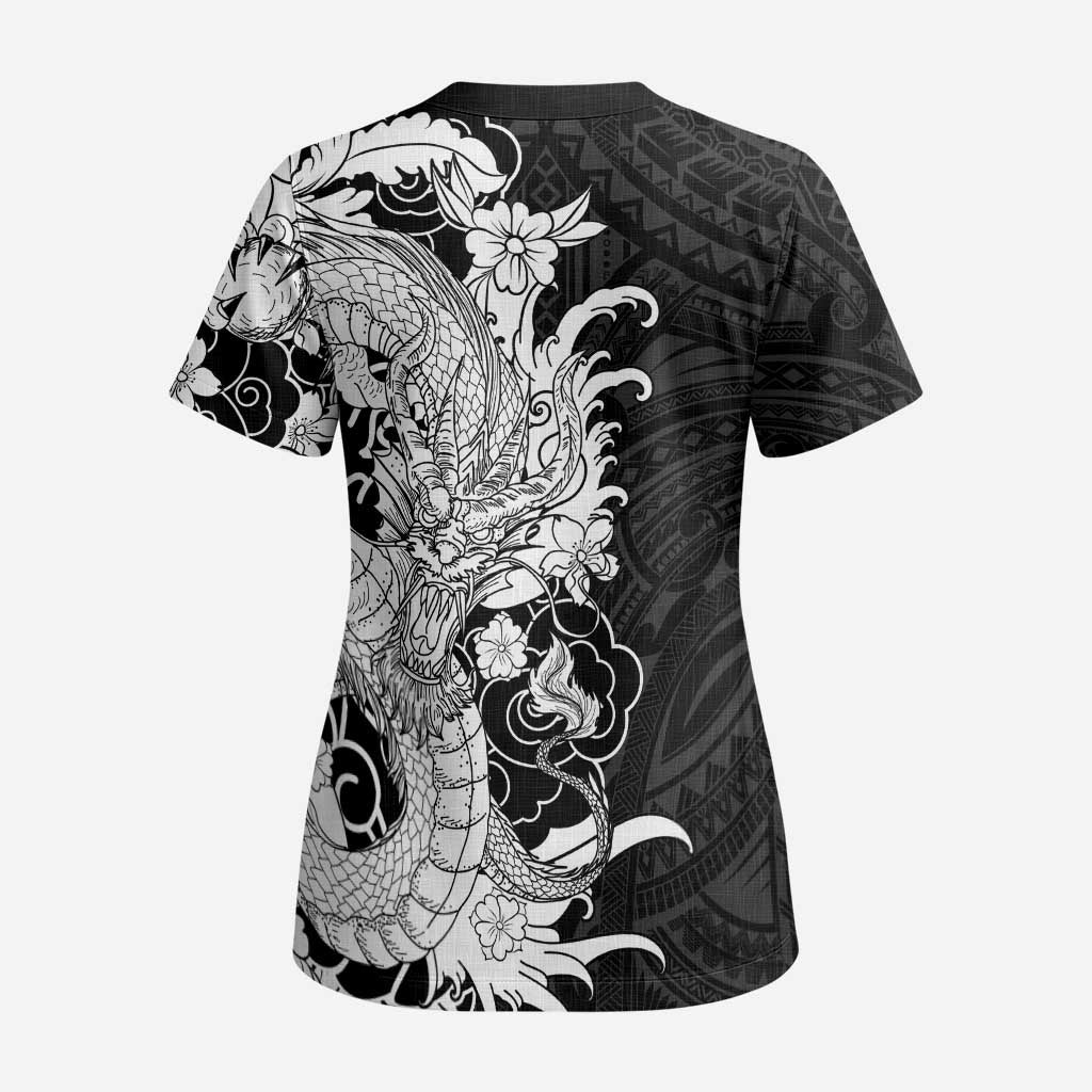 Hawaiian And Japanese Culture Scrub Top Irezumi Dragon With Polynesian Pattern Black - Polynesian Pride