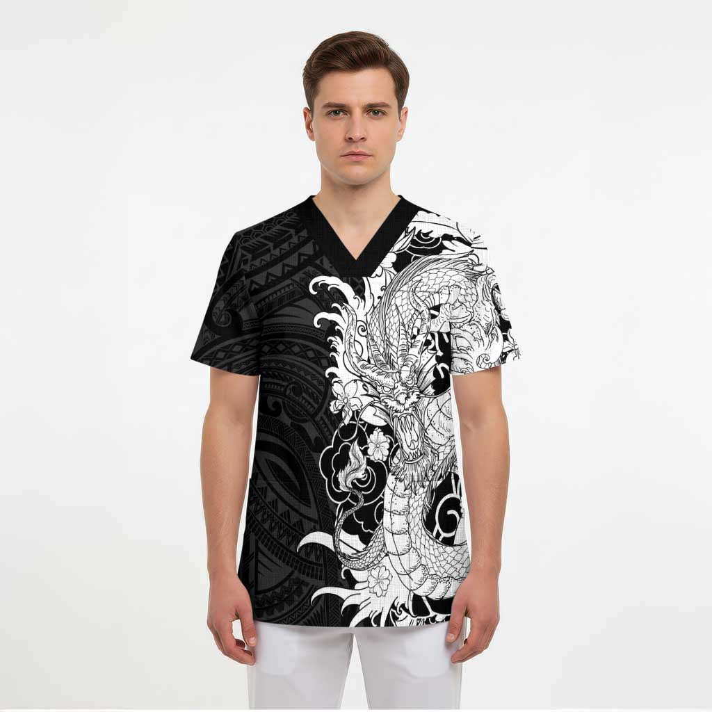 Hawaiian And Japanese Culture Scrub Top Irezumi Dragon With Polynesian Pattern Black - Polynesian Pride