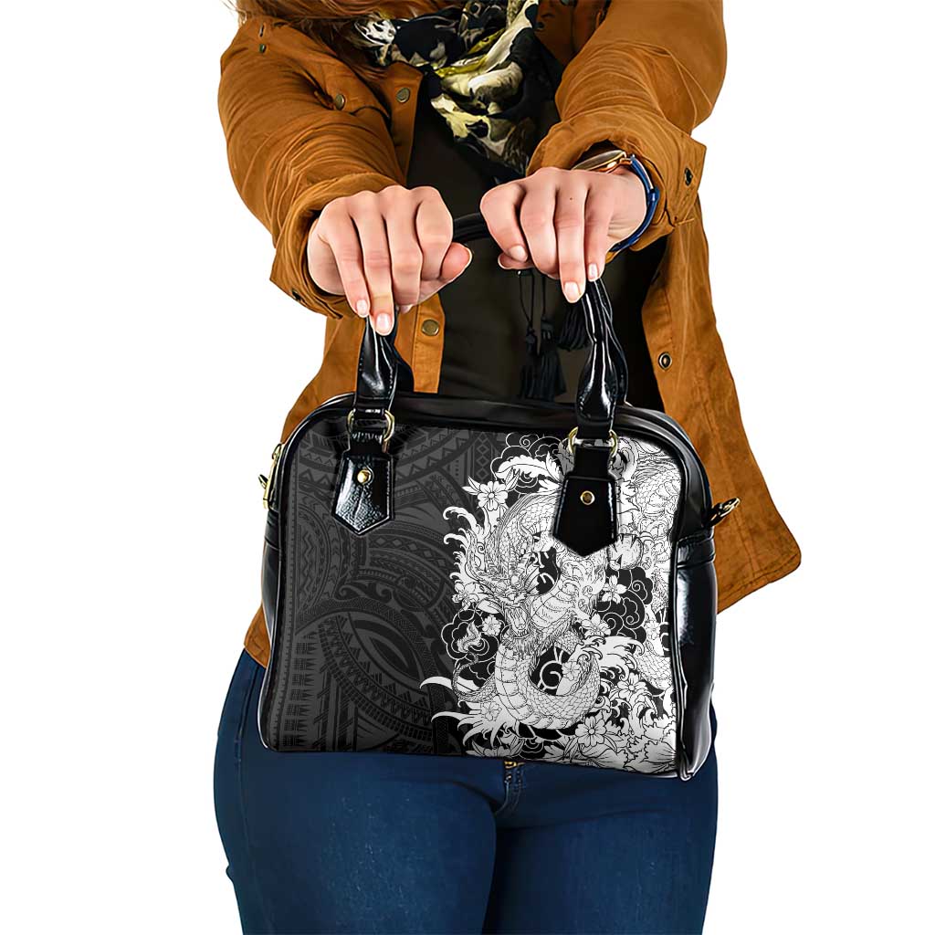Hawaiian And Japanese Culture Shoulder Handbag Irezumi Dragon With Polynesian Pattern Black - Polynesian Pride