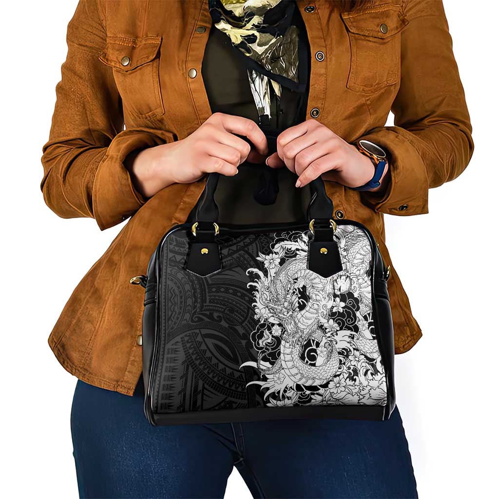 Hawaiian And Japanese Culture Shoulder Handbag Irezumi Dragon With Polynesian Pattern Black - Polynesian Pride