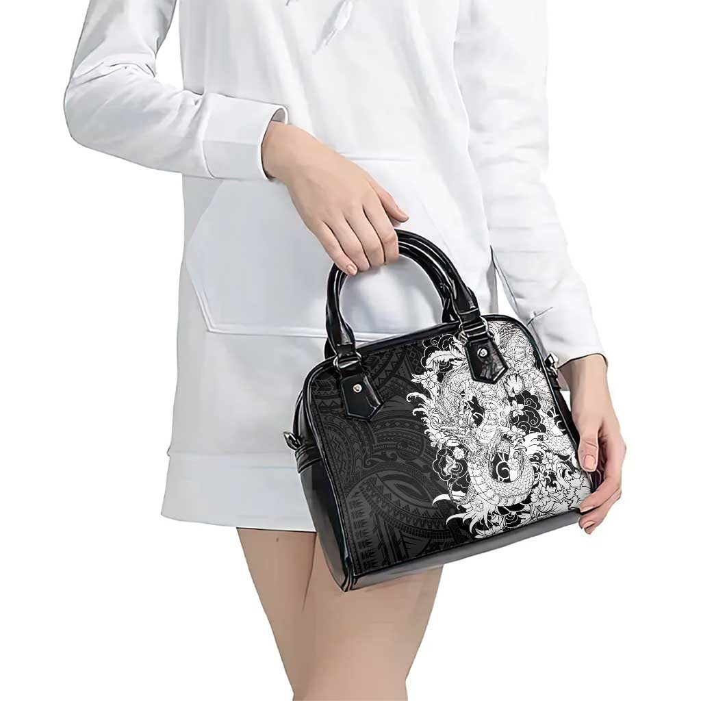 Hawaiian And Japanese Culture Shoulder Handbag Irezumi Dragon With Polynesian Pattern Black - Polynesian Pride