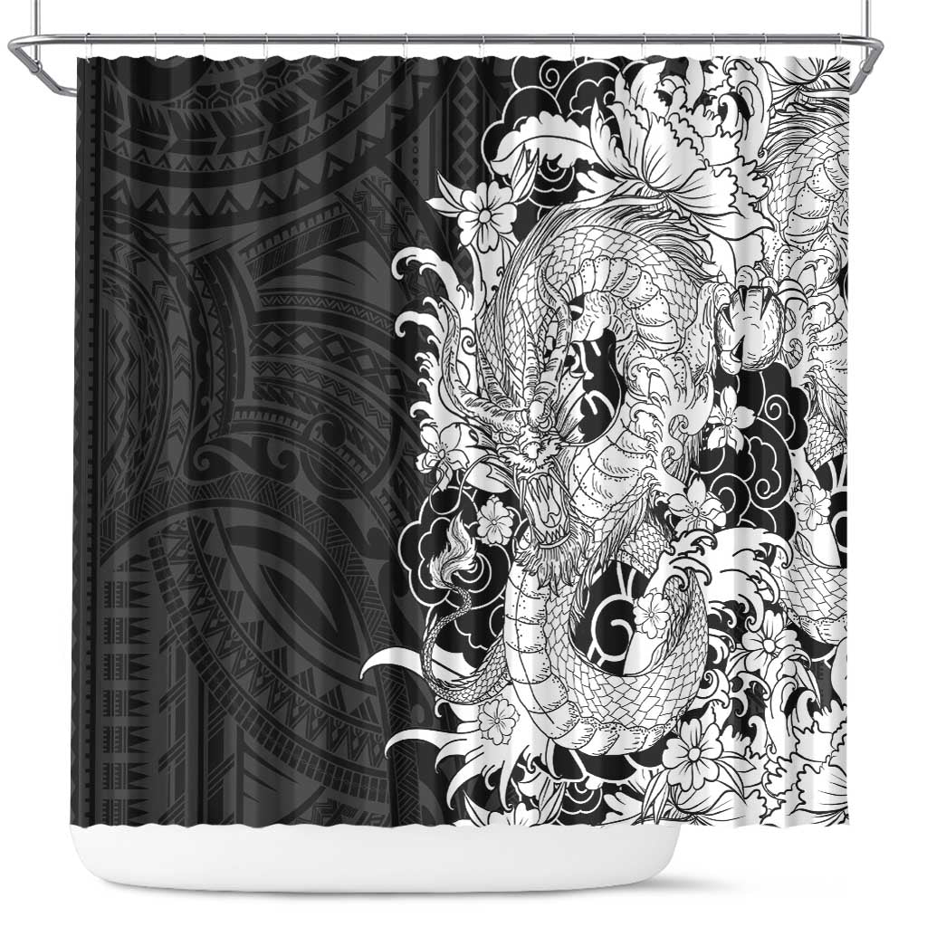 Hawaiian And Japanese Culture Shower Curtain Irezumi Dragon With Polynesian Pattern Black - Polynesian Pride