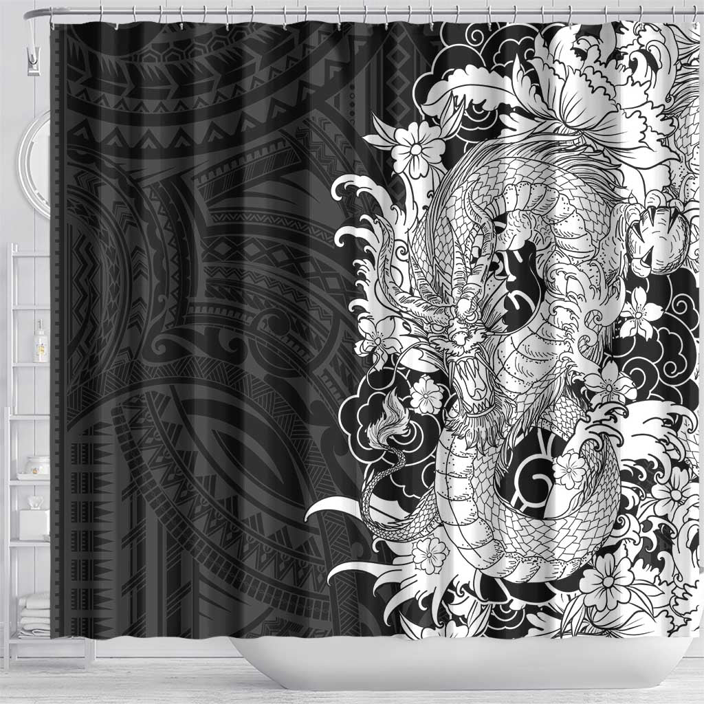Hawaiian And Japanese Culture Shower Curtain Irezumi Dragon With Polynesian Pattern Black - Polynesian Pride