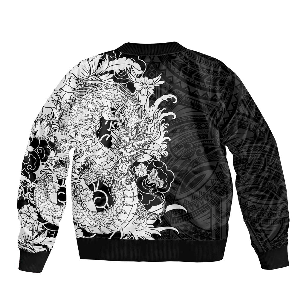 Hawaiian And Japanese Culture Sleeve Zip Bomber Jacket Irezumi Dragon With Polynesian Pattern Black - Polynesian Pride