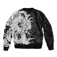 Hawaiian And Japanese Culture Sleeve Zip Bomber Jacket Irezumi Dragon With Polynesian Pattern Black - Polynesian Pride