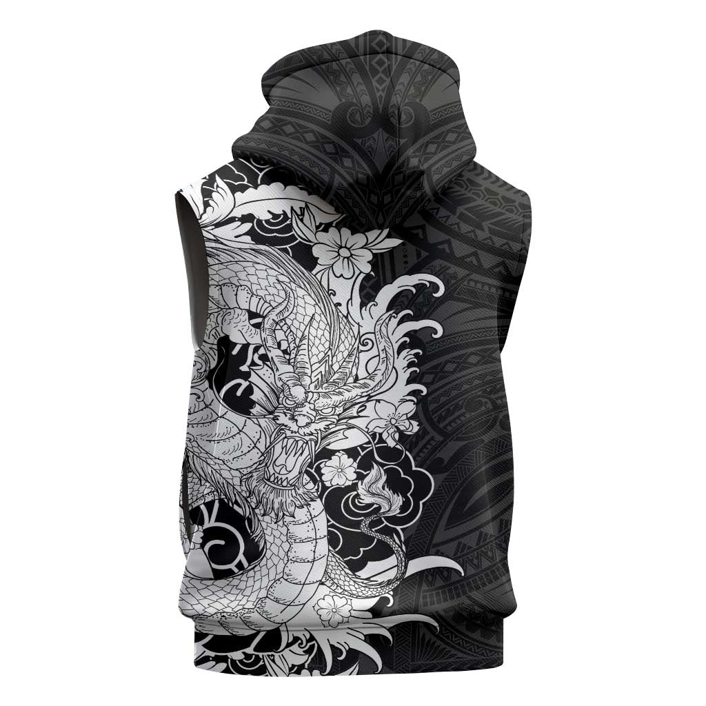 Hawaiian And Japanese Culture Sleeveless Hoodie Irezumi Dragon With Polynesian Pattern Black - Polynesian Pride