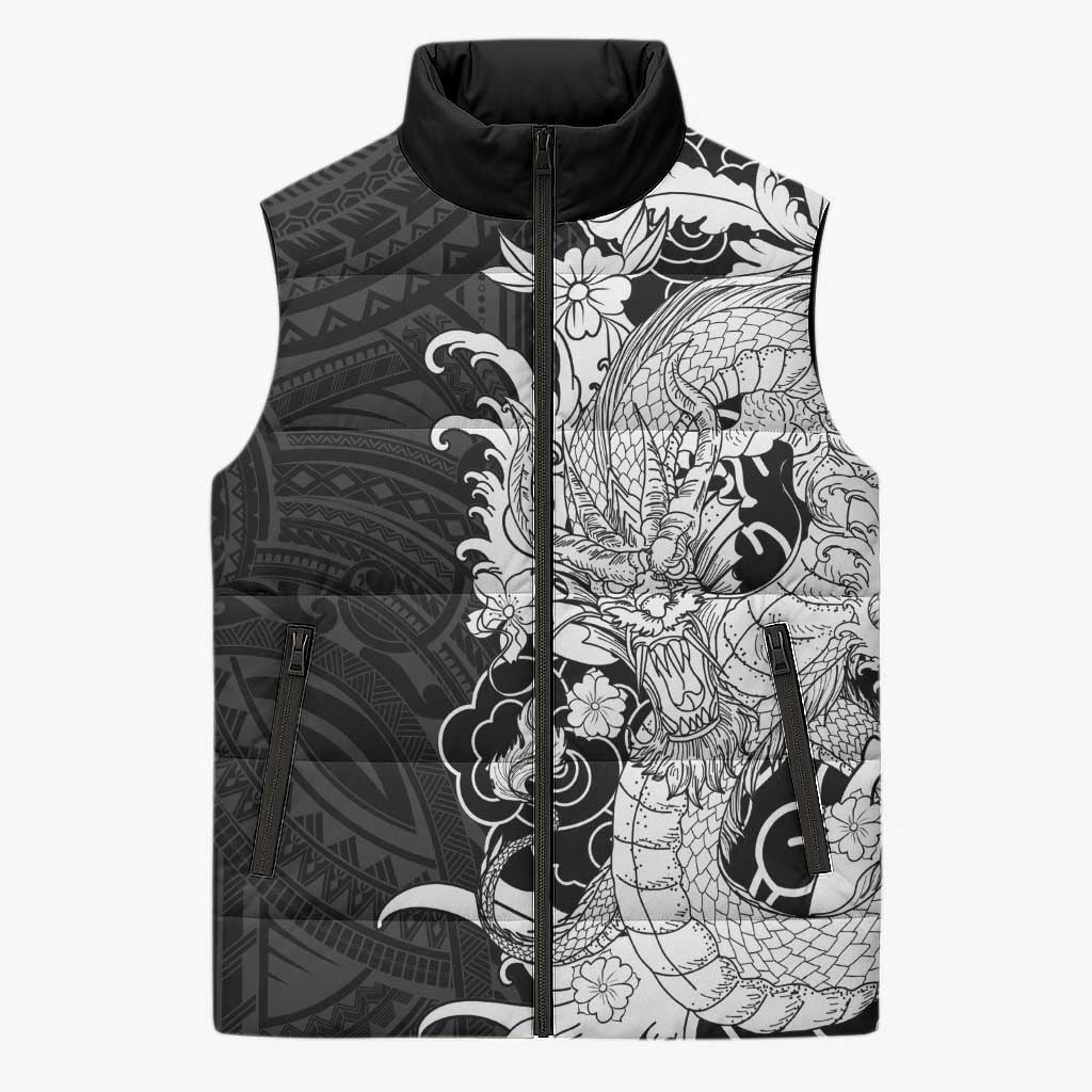 Hawaiian And Japanese Culture Sleeveless Puffer Jacket Irezumi Dragon With Polynesian Pattern Black - Polynesian Pride