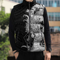 Hawaiian And Japanese Culture Sleeveless Puffer Jacket Irezumi Dragon With Polynesian Pattern Black - Polynesian Pride