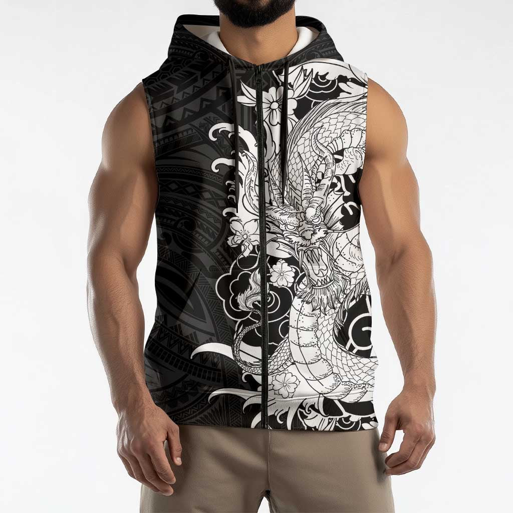 Hawaiian And Japanese Culture Sleeveless Zip Hoodie Irezumi Dragon With Polynesian Pattern Black - Polynesian Pride