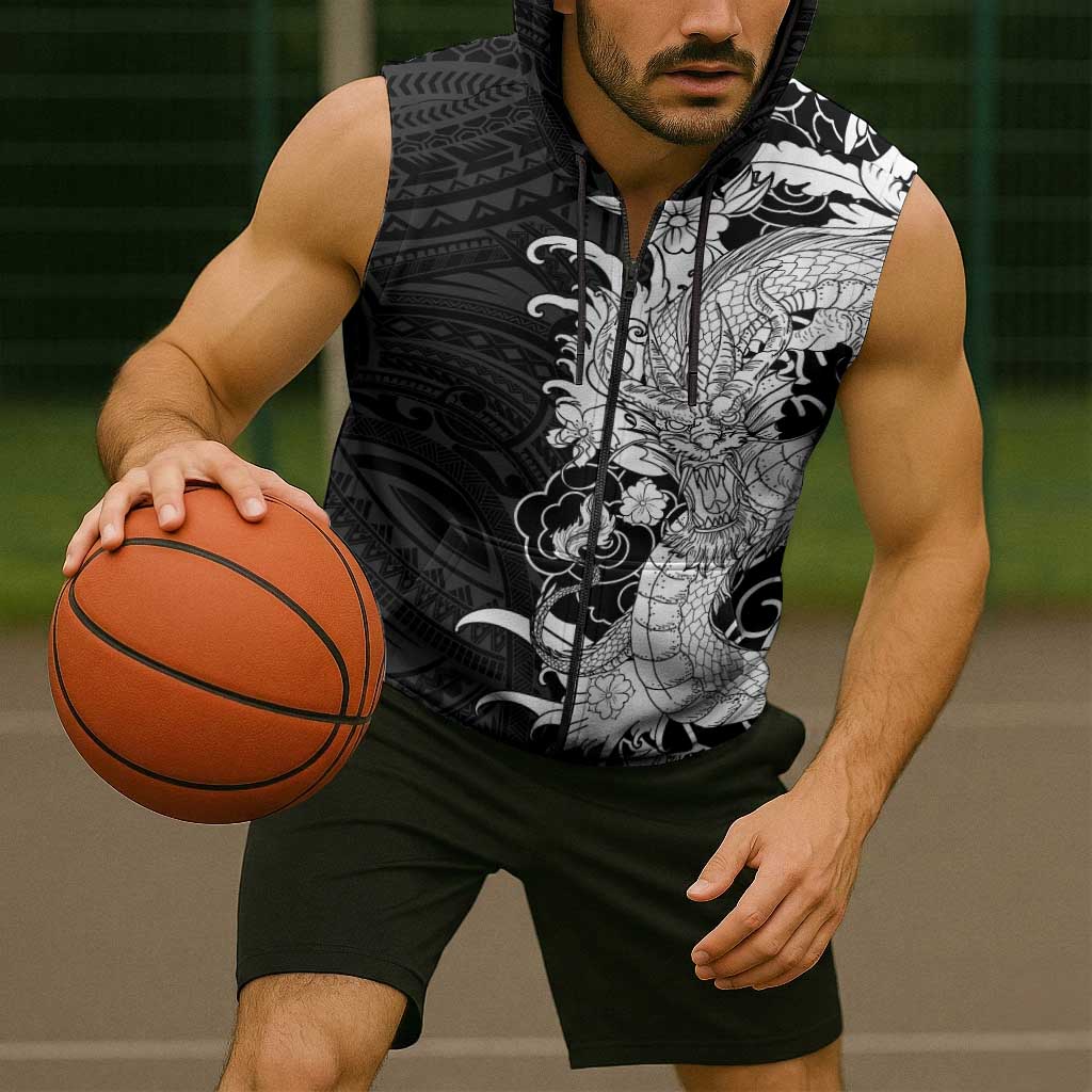 Hawaiian And Japanese Culture Sleeveless Zip Hoodie Irezumi Dragon With Polynesian Pattern Black - Polynesian Pride