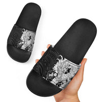 Hawaiian And Japanese Culture Slide Sandals Irezumi Dragon With Polynesian Pattern Black - Polynesian Pride