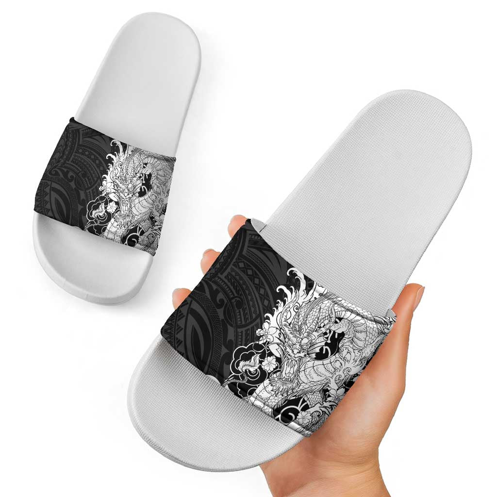 Hawaiian And Japanese Culture Slide Sandals Irezumi Dragon With Polynesian Pattern Black - Polynesian Pride