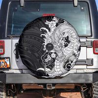 Hawaiian And Japanese Culture Spare Tire Cover Irezumi Dragon With Polynesian Pattern Black - Polynesian Pride