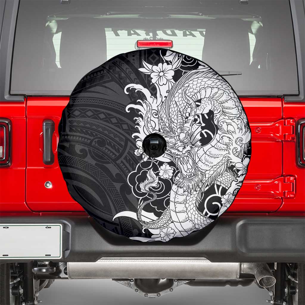 Hawaiian And Japanese Culture Spare Tire Cover Irezumi Dragon With Polynesian Pattern Black - Polynesian Pride