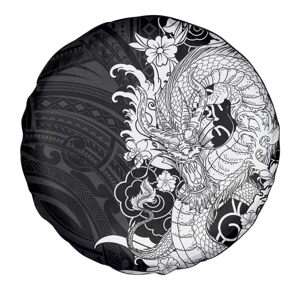 Hawaiian And Japanese Culture Spare Tire Cover Irezumi Dragon With Polynesian Pattern Black - Polynesian Pride