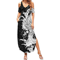 Hawaiian And Japanese Culture Summer Maxi Dress Irezumi Dragon With Polynesian Pattern Black - Polynesian Pride