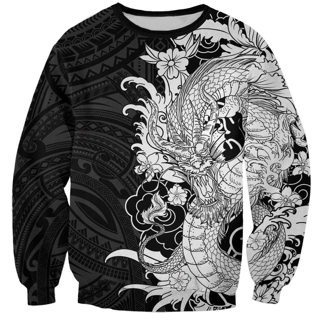 Hawaiian And Japanese Culture Sweatshirt Irezumi Dragon With Polynesian Pattern Black - Polynesian Pride
