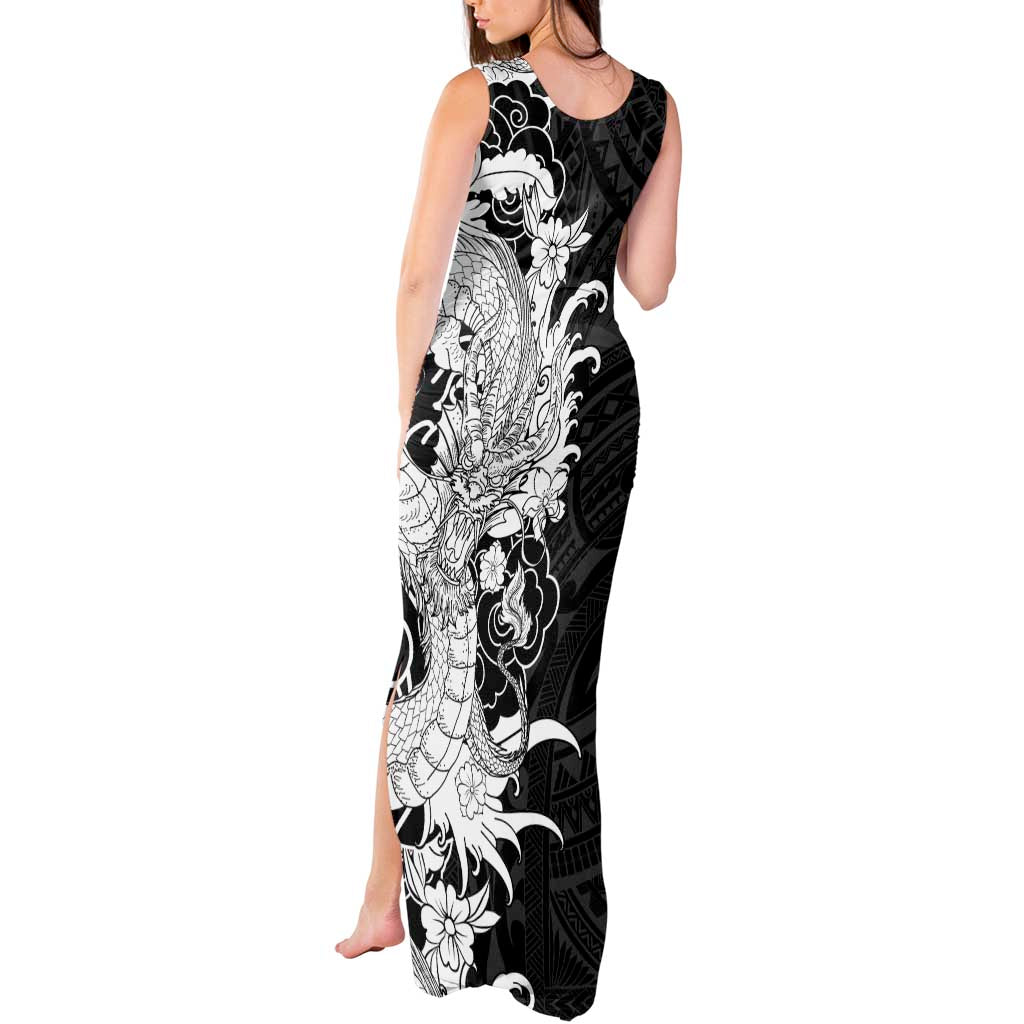 Hawaiian And Japanese Culture Tank Maxi Dress Irezumi Dragon With Polynesian Pattern Black - Polynesian Pride