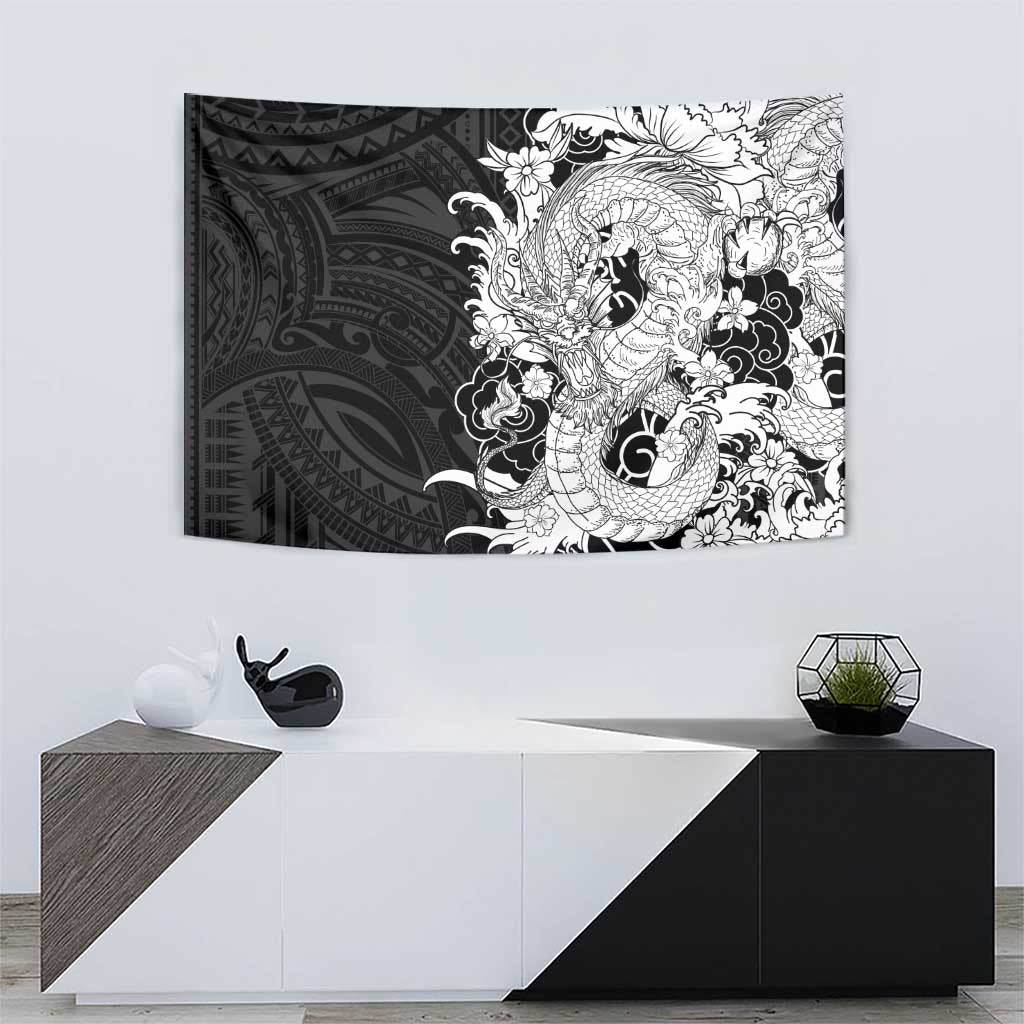 Hawaiian And Japanese Culture Tapestry Irezumi Dragon With Polynesian Pattern Black - Polynesian Pride