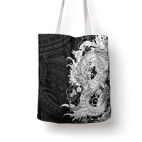 Hawaiian And Japanese Culture Tote Bag Irezumi Dragon With Polynesian Pattern Black - Polynesian Pride