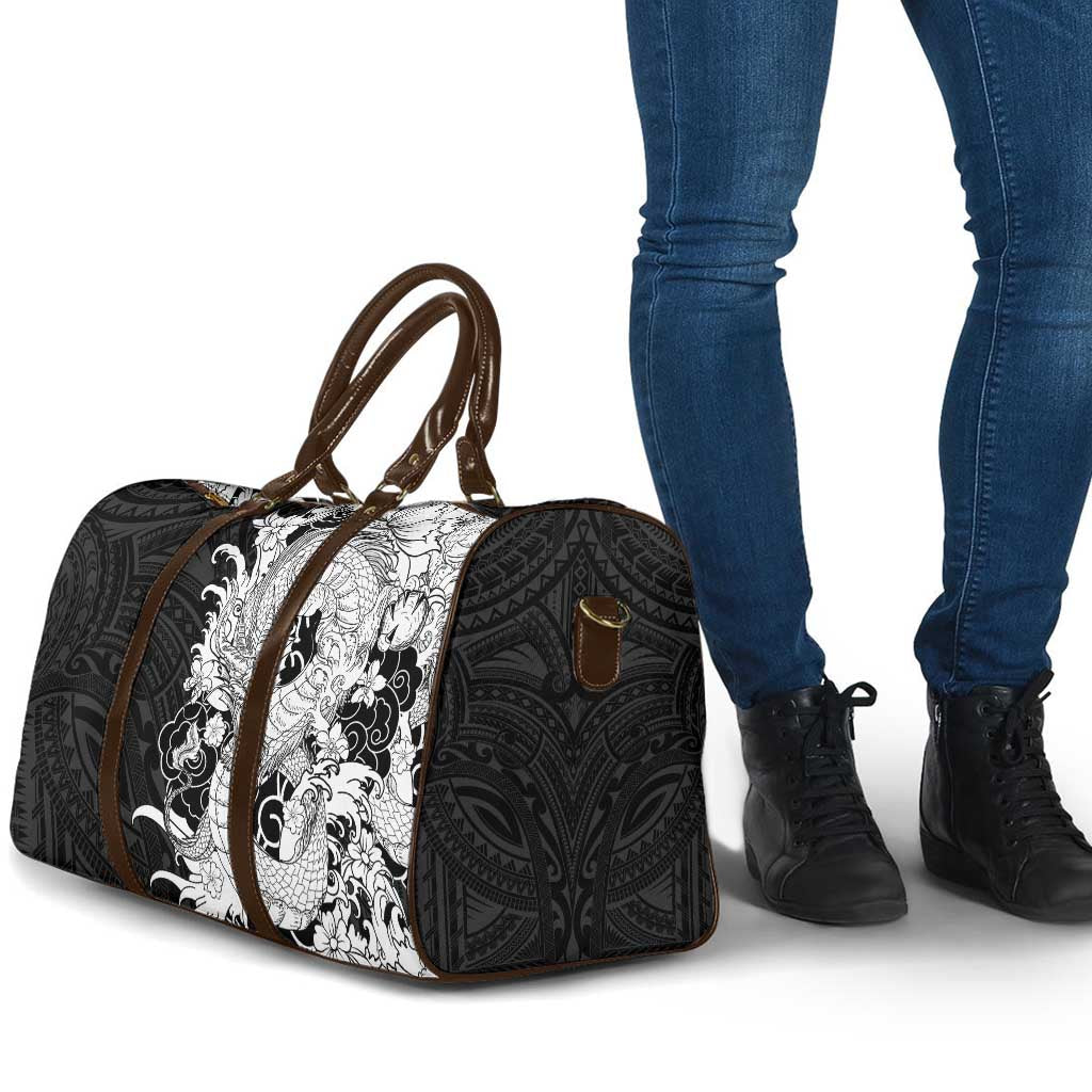 Hawaiian And Japanese Culture Travel Bag Irezumi Dragon With Polynesian Pattern Black - Polynesian Pride