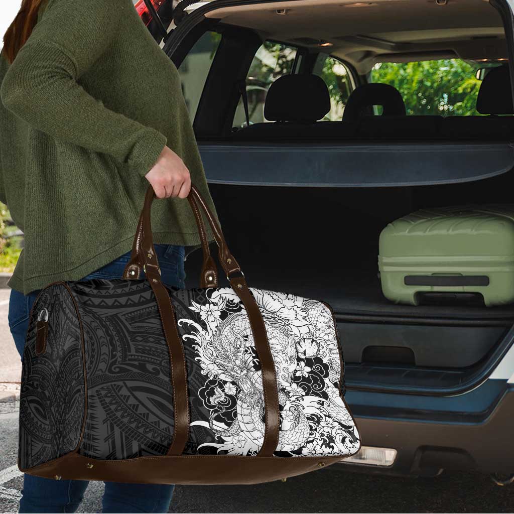 Hawaiian And Japanese Culture Travel Bag Irezumi Dragon With Polynesian Pattern Black - Polynesian Pride
