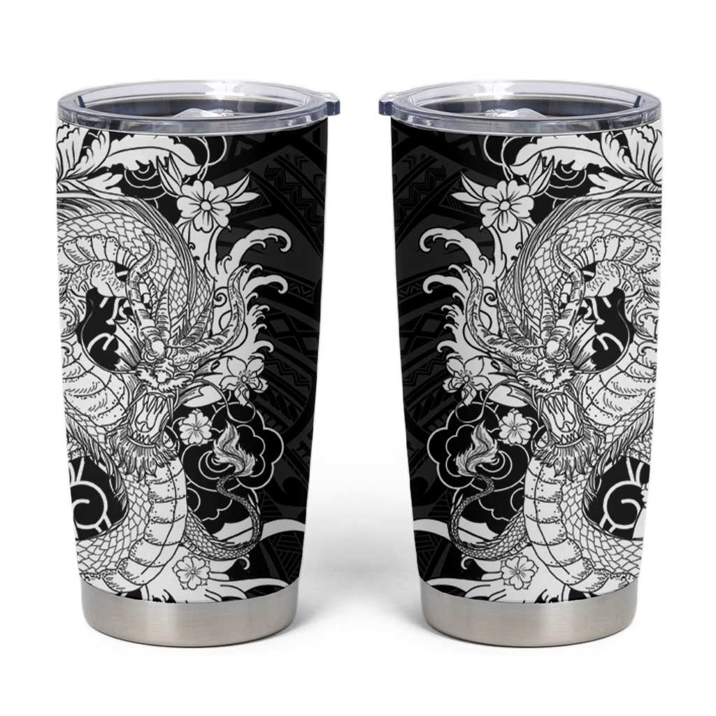 Hawaiian And Japanese Culture Tumbler Cup Irezumi Dragon With Polynesian Pattern Black - Polynesian Pride