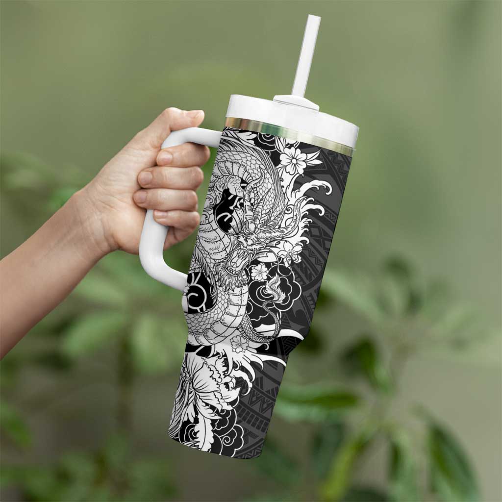 Hawaiian And Japanese Culture Tumbler With Handle Irezumi Dragon With Polynesian Pattern Black - Polynesian Pride