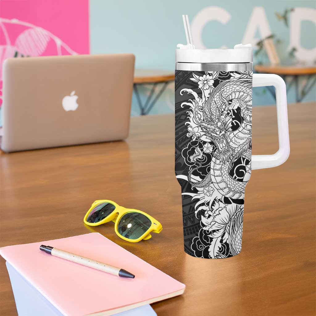 Hawaiian And Japanese Culture Tumbler With Handle Irezumi Dragon With Polynesian Pattern Black - Polynesian Pride