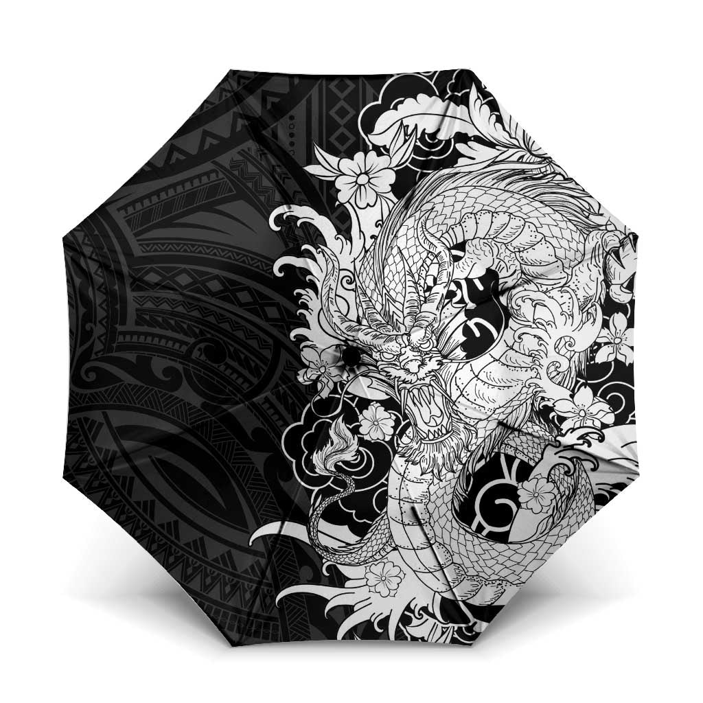 Hawaiian And Japanese Culture Umbrella Irezumi Dragon With Polynesian Pattern Black - Polynesian Pride